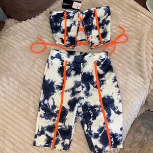 Tie-Dye Two-Piece Biker Short Set with Neon Orange Accents